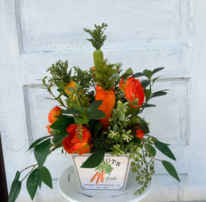 Small Carrot Themed Easter Floral Planter Arrangement - 18x10" with Velvet Carrots and Orange Flowers - Spring Table Decor by TCT Crafts