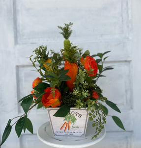 Small Carrot Themed Easter Floral Planter Arrangement - 18x10" with Velvet Carrots and Orange Flowers - Spring Table Decor by TCT Crafts