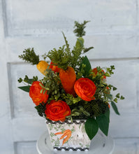 Load image into Gallery viewer, Small Carrot Themed Easter Floral Planter Arrangement - 18x10&quot; with Velvet Carrots and Orange Flowers - Spring Table Decor by TCT Crafts