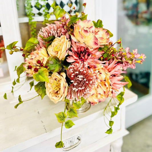 Mauve Fall Centerpiece in Metal Urn | Peony Mum Rose Arrangement TCT Crafts