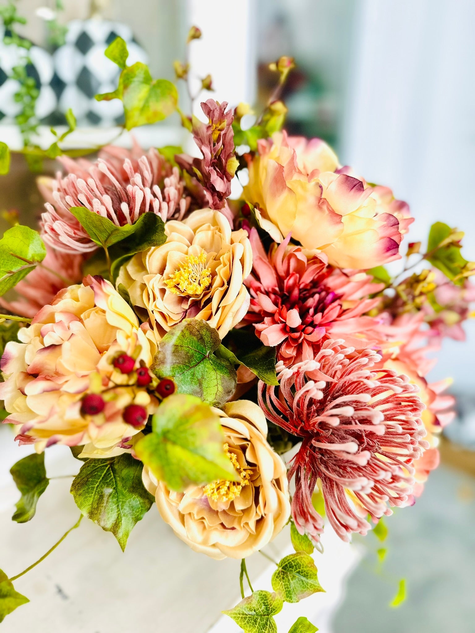 Mauve Fall Centerpiece in Metal Urn | Peony Mum Rose Arrangement TCT Crafts