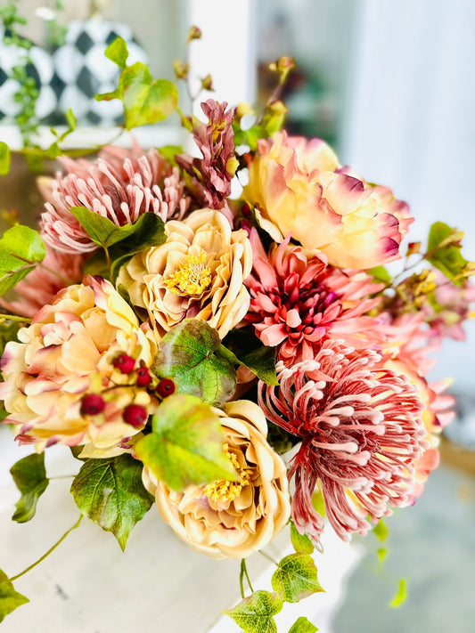 Mauve Fall Centerpiece in Metal Urn | Peony Mum Rose Arrangement TCT Crafts