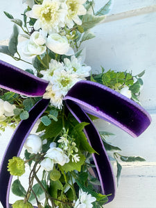 Easter Cross Wreath/Door Hanger with Purple Velvet Ribbon and Spring Flowers - 18"x14 -TCT Crafts Spring Decor