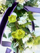 Load image into Gallery viewer, Easter Cross Wreath/Door Hanger with Purple Velvet Ribbon and Spring Flowers - 18&quot;x14 -TCT Crafts Spring Decor