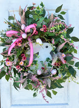 Load image into Gallery viewer, Large 33x28&quot; Pink and White Easter/Spring Grapevine Wreath with White Bunny Sign - Lush Floral Decor - TCT Crafts Seasonal Decor
