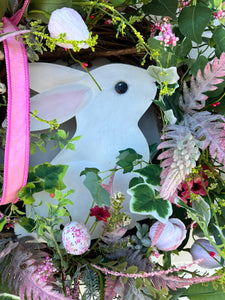 Large 33x28" Pink and White Easter/Spring Grapevine Wreath with White Bunny Sign - Lush Floral Decor - TCT Crafts Seasonal Decor