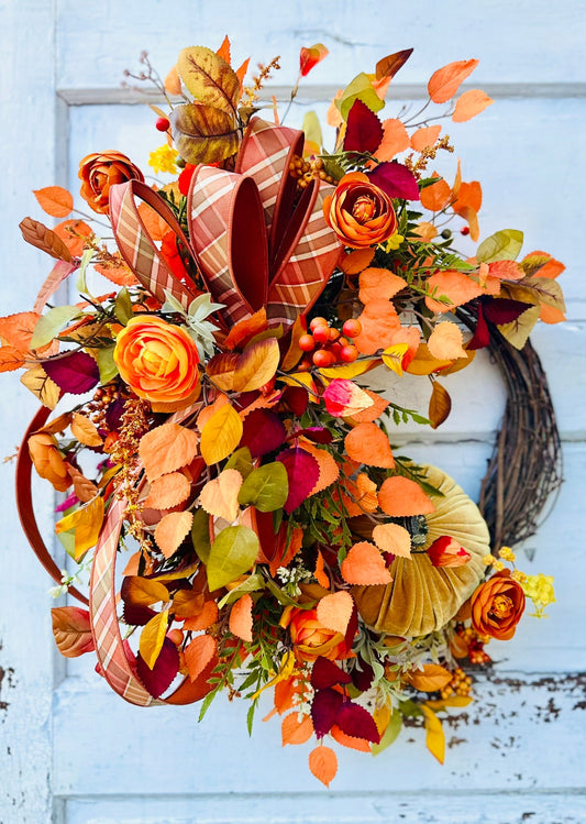 Fall Grapevine Pumpkin Wreath with Velvet Pumpkins, Ranunculus, Leaves, Berries & Designer Ribbon TCT Crafts