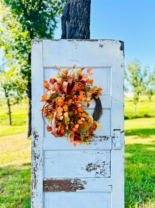 Fall Grapevine Pumpkin Wreath with Velvet Pumpkins, Ranunculus, Leaves, Berries & Designer Ribbon TCT Crafts