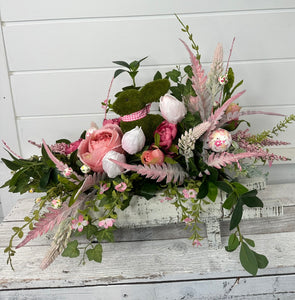 Pink and Green Easter Bunny Floral Arrangement in Distressed White Wooden Wheelbarrow - Pink Tulips, Roses & Wildflowers-20Lx16H -TCT Crafts