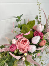 Load image into Gallery viewer, Pink and Green Easter Bunny Floral Arrangement in Distressed White Wooden Wheelbarrow - Pink Tulips, Roses &amp; Wildflowers-20Lx16H -TCT Crafts