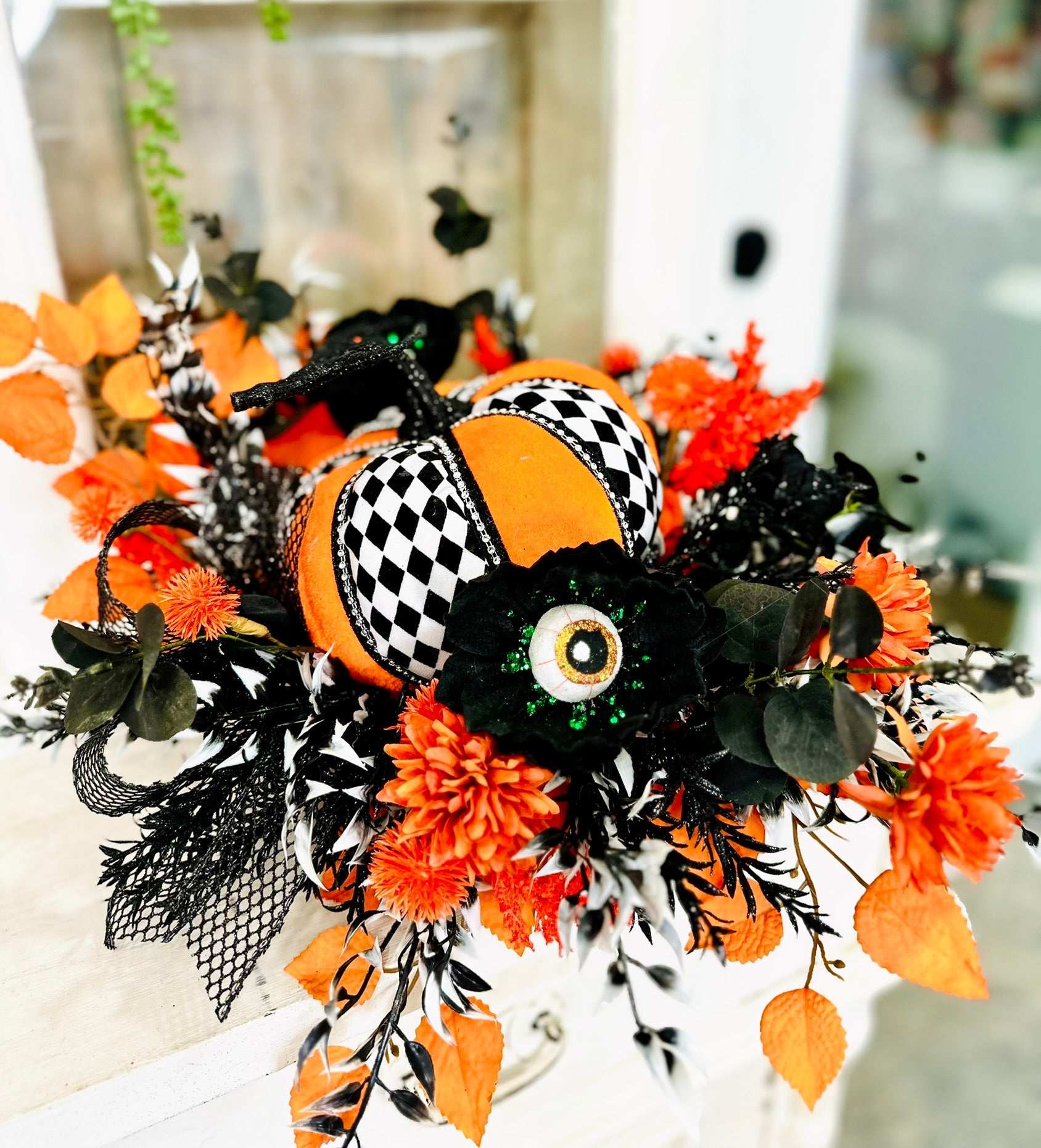 18" Fun Halloween Pumpkin Centerpiece – Whimsical Harlequin Pumpkin with Eyeball Sprays TCT Crafts