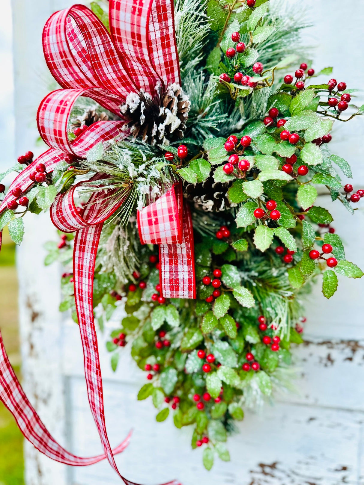 31" Grand Holiday Teardrop Swag – Flocked Pine, Holly & Plaid Ribbon TCT Crafts