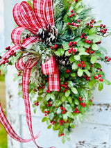 31" Grand Holiday Teardrop Swag – Flocked Pine, Holly & Plaid Ribbon TCT Crafts