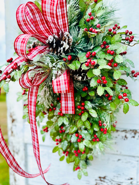 31" Grand Holiday Teardrop Swag – Flocked Pine, Holly & Plaid Ribbon TCT Crafts