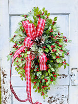 31" Grand Holiday Teardrop Swag – Flocked Pine, Holly & Plaid Ribbon TCT Crafts