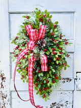 31" Grand Holiday Teardrop Swag – Flocked Pine, Holly & Plaid Ribbon TCT Crafts