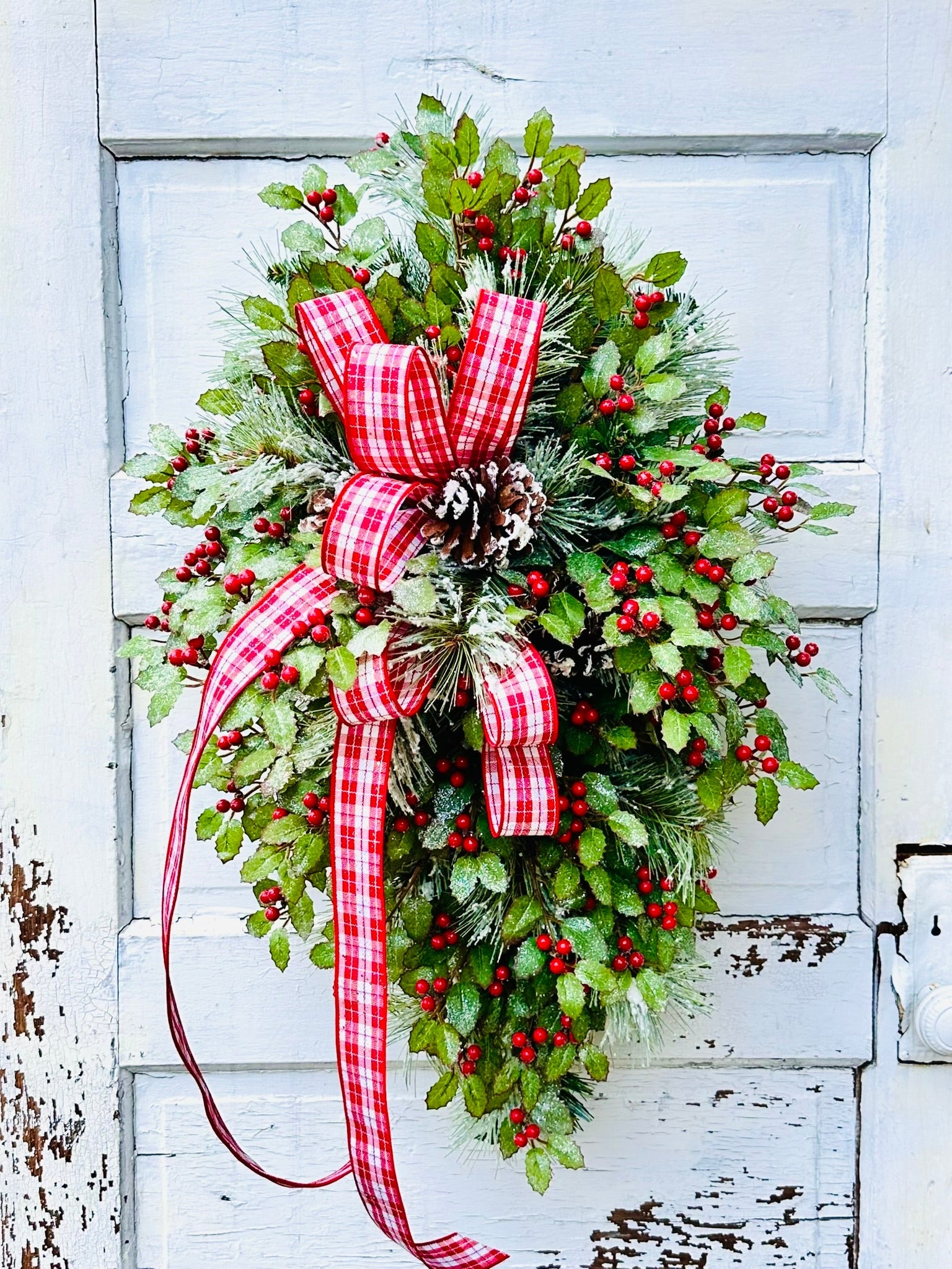 31" Grand Holiday Teardrop Swag – Flocked Pine, Holly & Plaid Ribbon TCT Crafts