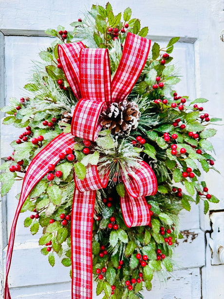 31" Grand Holiday Teardrop Swag – Flocked Pine, Holly & Plaid Ribbon TCT Crafts