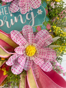 Hello Spring Deco Mesh Wreath for Front Door - Vibrant Yellow and Pink Flowers with Greenery - Seasonal Springtime Outdoor & Indoor Wreath