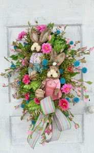 Pastel Pink and Blue Double Bunny Easter Swag with Cute Bunnies - Perfect Spring Door Decoration-Spring Door Swag by TCT Crafts