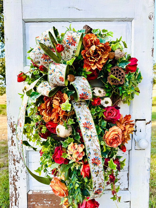 XL Fall Grapevine Wreath with Peonies, Mushrooms, Ruscus & Ribbon – Enchanted Autumn Door Decor TCTCrafts