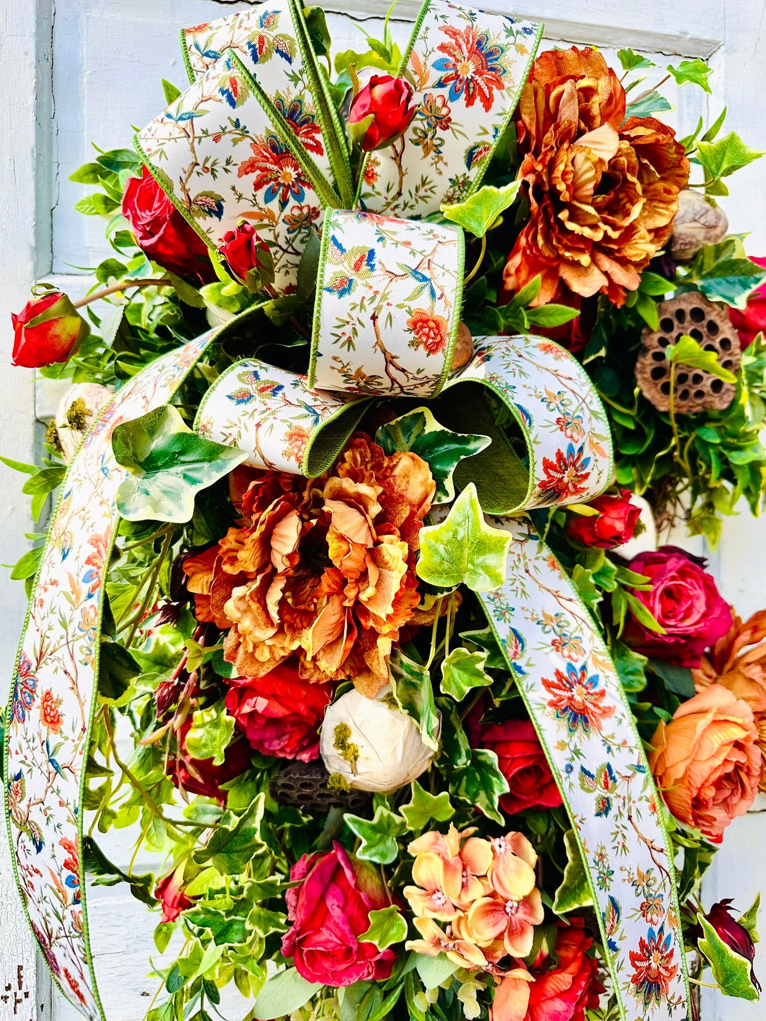 XL Fall Grapevine Wreath with Peonies, Mushrooms, Ruscus & Ribbon – Enchanted Autumn Door Decor TCTCrafts