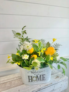 Lemon Floral Welcome To Our Home Table Arrangement - Spring/Summer Daisy & Greenery Decor - Lemon Kitchen and Home Decorations - 17"x20"