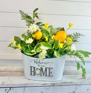 Lemon Floral Welcome To Our Home Table Arrangement - Spring/Summer Daisy & Greenery Decor - Lemon Kitchen and Home Decorations - 17"x20"