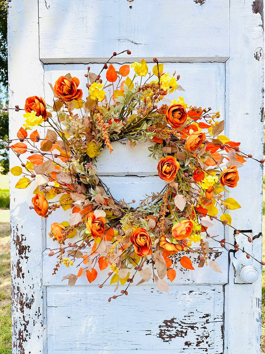 24" Fall Grapevine Wreath with Orange Ranunculus & Yellow Flowers – Autumn Front Door Decor TCT Crafts