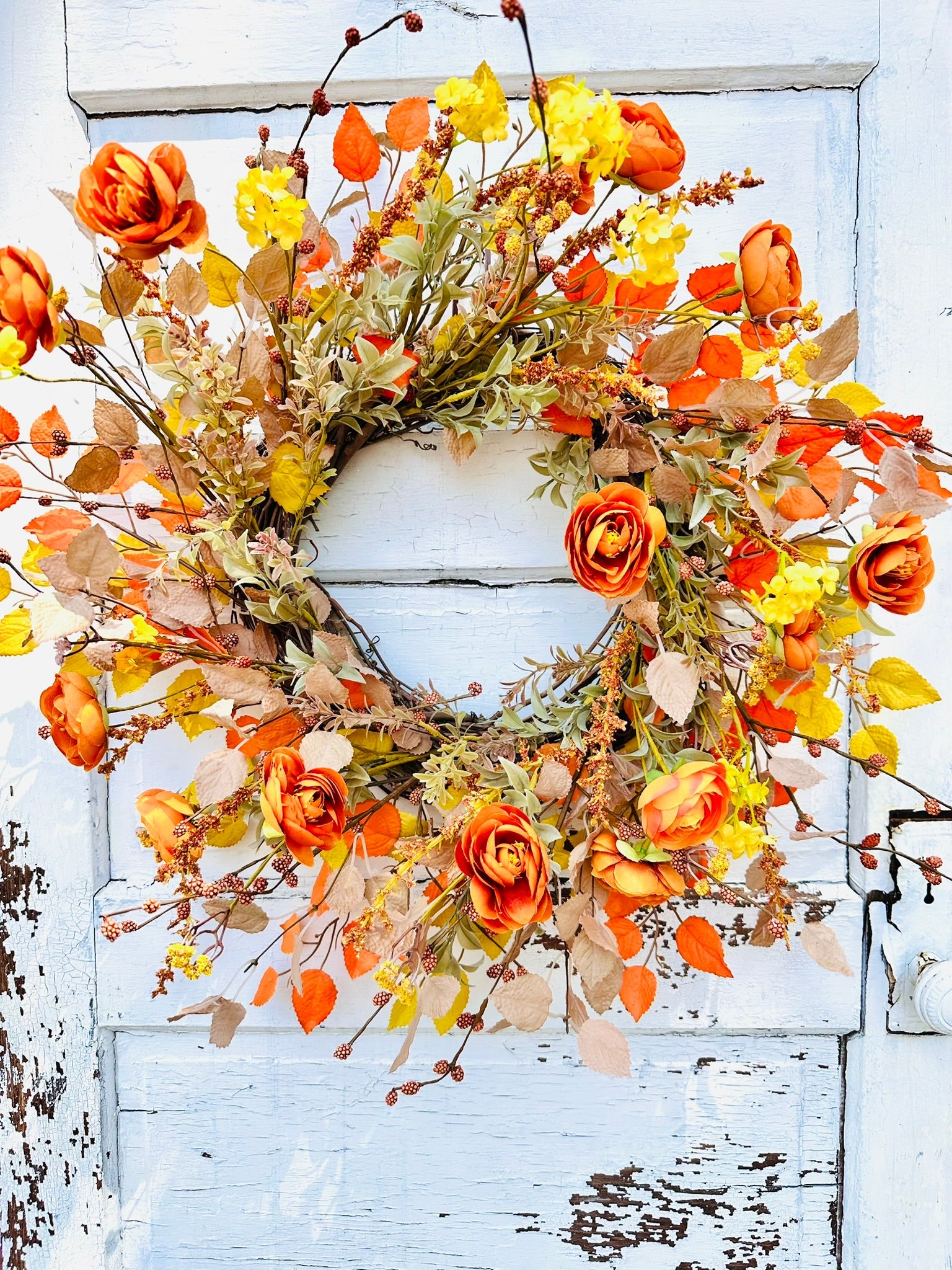 24" Fall Grapevine Wreath with Orange Ranunculus & Yellow Flowers – Autumn Front Door Decor TCT Crafts