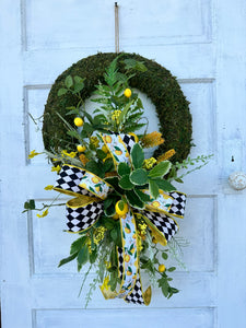 Spring/Summer Moss Lemon Wreath with Farrisilk Ribbon - Faux Lemon & Wildflower Decor - Lemon Kitchen Wall Decoration - Gift for Mom 28x18"