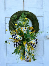 Load image into Gallery viewer, Spring/Summer Moss Lemon Wreath with Farrisilk Ribbon - Faux Lemon &amp; Wildflower Decor - Lemon Kitchen Wall Decoration - Gift for Mom 28x18&quot;