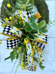 Spring/Summer Moss Lemon Wreath with Farrisilk Ribbon - Faux Lemon & Wildflower Decor - Lemon Kitchen Wall Decoration - Gift for Mom 28x18"