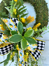 Load image into Gallery viewer, Spring/Summer Moss Lemon Wreath with Farrisilk Ribbon - Faux Lemon &amp; Wildflower Decor - Lemon Kitchen Wall Decoration - Gift for Mom 28x18&quot;