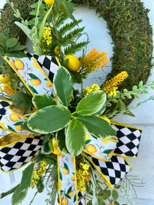 Spring/Summer Moss Lemon Wreath with Farrisilk Ribbon - Faux Lemon & Wildflower Decor - Lemon Kitchen Wall Decoration - Gift for Mom 28x18"