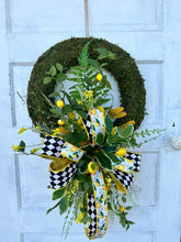 Load image into Gallery viewer, Spring/Summer Moss Lemon Wreath with Farrisilk Ribbon - Faux Lemon &amp; Wildflower Decor - Lemon Kitchen Wall Decoration - Gift for Mom 28x18&quot;