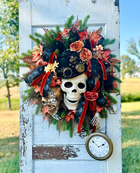 XL Steampunk Halloween Wreath with Skulls, Crows, Clock & Velvet Ribbon – Gothic Fall Door Decor TCT Crafts