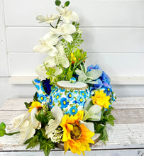 Load image into Gallery viewer, Spring/Summer Tea Pot Floral Arrangement - Blue Hydrangeas &amp; Yellow Sunflowers Decor - Small Mother&#39;s Day Flower Arrangement by TCT Crafts