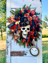 XL Steampunk Halloween Wreath with Skulls, Crows, Clock & Velvet Ribbon – Gothic Fall Door Decor TCT Crafts