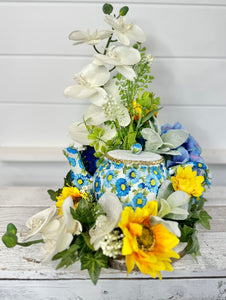 Spring/Summer Tea Pot Floral Arrangement - Blue Hydrangeas & Yellow Sunflowers Decor - Small Mother's Day Flower Arrangement by TCT Crafts