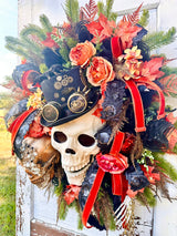 XL Steampunk Halloween Wreath with Skulls, Crows, Clock & Velvet Ribbon – Gothic Fall Door Decor TCT Crafts