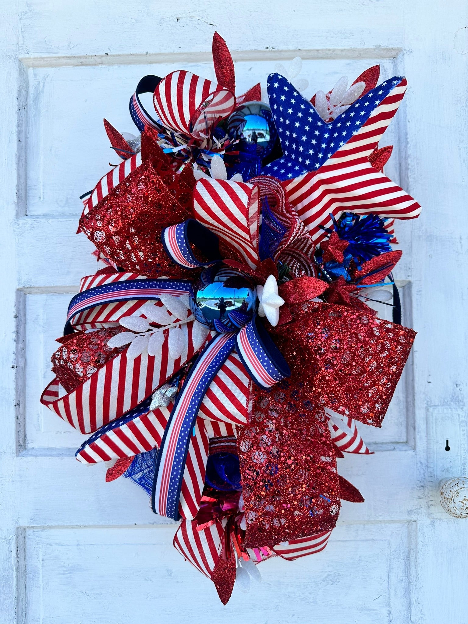 Patriotic American Flag Wreath, 4th of July Red White and Blue Door Decor, Glittery Festive Holiday Wreath,  Memorial Day Swag by TCT Crafts TCT Crafts
