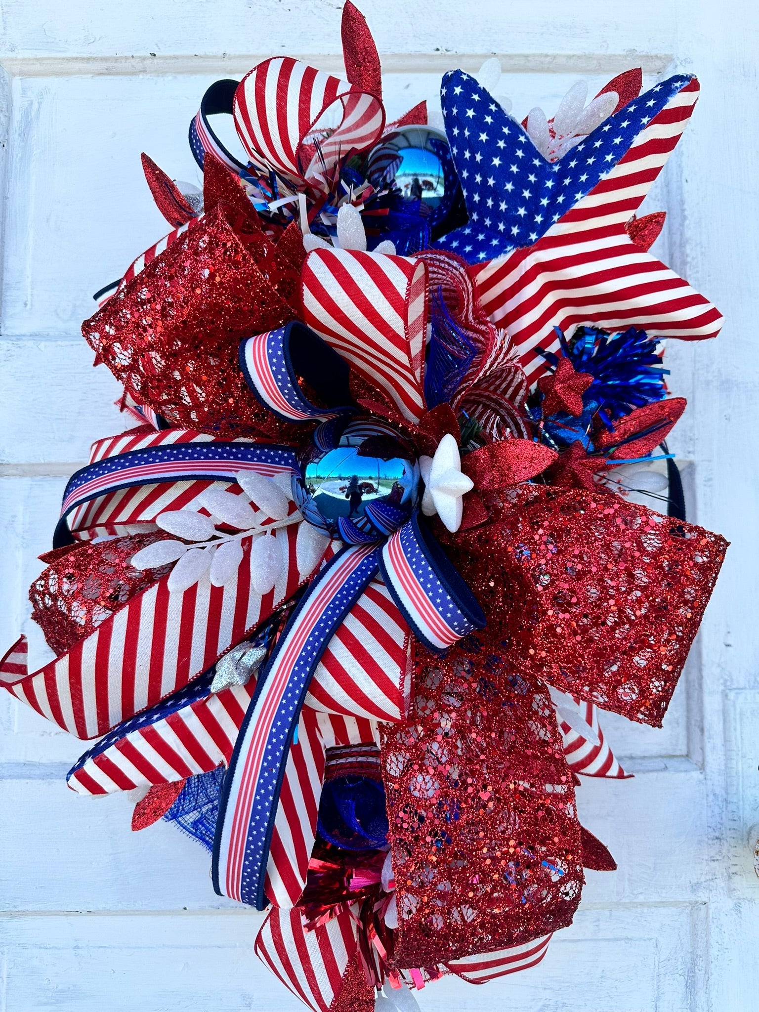 Patriotic American Flag Wreath, 4th of July Red White and Blue Door Decor, Glittery Festive Holiday Wreath,  Memorial Day Swag by TCT Crafts TCT Crafts