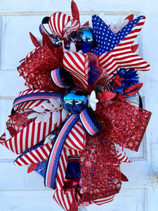 Patriotic American Flag Wreath, 4th of July Red White and Blue Door Decor, Glittery Festive Holiday Wreath,  Memorial Day Swag by TCT Crafts