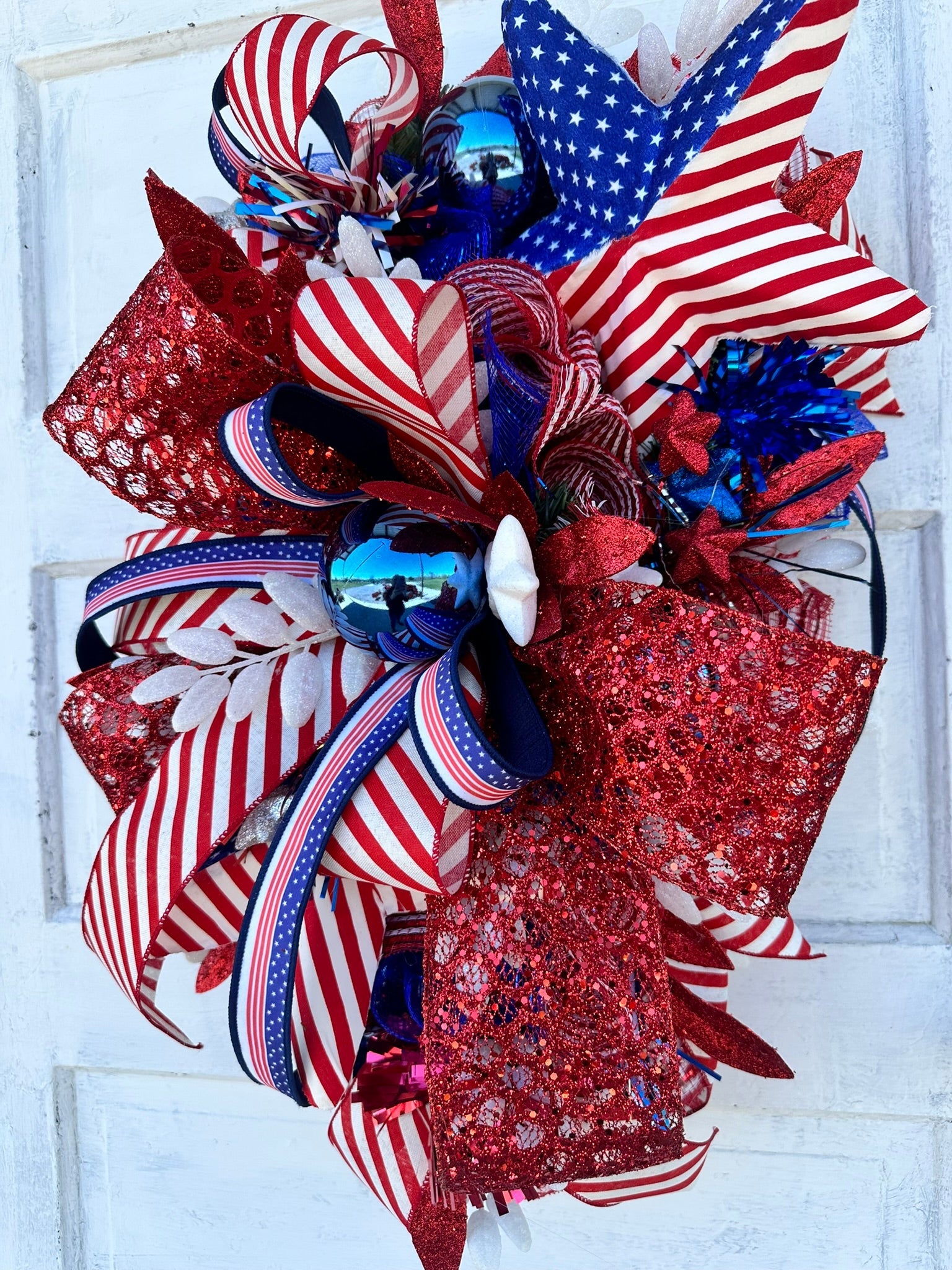 Patriotic American Flag Wreath, 4th of July Red White and Blue Door Decor, Glittery Festive Holiday Wreath,  Memorial Day Swag by TCT Crafts TCT Crafts