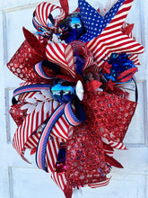 Load image into Gallery viewer, Patriotic American Flag Wreath, 4th of July Red White and Blue Door Decor, Glittery Festive Holiday Wreath,  Memorial Day Swag by TCT Crafts