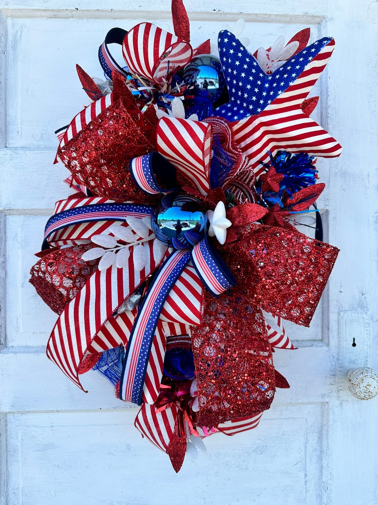 Patriotic American Flag Wreath, 4th of July Red White and Blue Door Decor, Glittery Festive Holiday Wreath,  Memorial Day Swag by TCT Crafts TCT Crafts