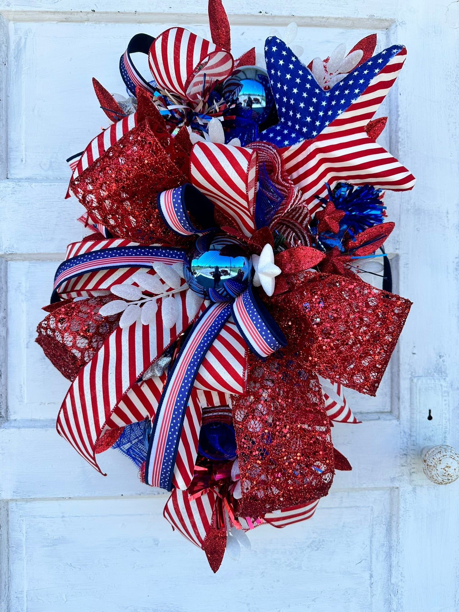 Patriotic American Flag Wreath, 4th of July Red White and Blue Door Decor, Glittery Festive Holiday Wreath,  Memorial Day Swag by TCT Crafts TCT Crafts