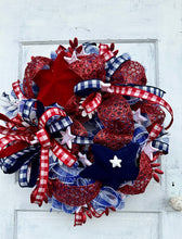 Load image into Gallery viewer, Patriotic Red, White &amp; Blue Wreath – Glittery Mesh Door Decor, Independence Day, Memorial, Veterans Day Accents by TCT Crafts