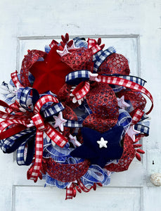 Patriotic Red, White & Blue Wreath – Glittery Mesh Door Decor, Independence Day, Memorial, Veterans Day Accents by TCT Crafts